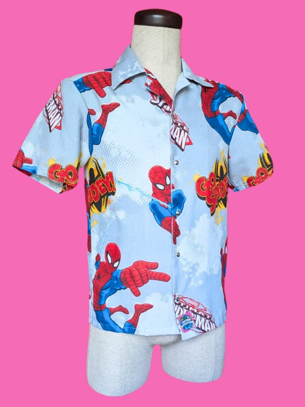 Handmade, Upcycled Spider-Man Bedsheet Button Down Shirt Size XS
